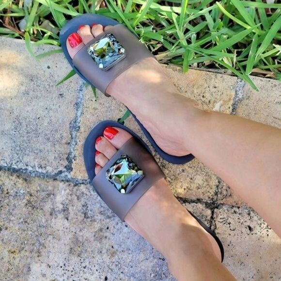 Shoes - Women's Jelly Rhinestone Slide Flip Flops Flat Sandals